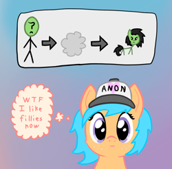Size: 908x892 | Tagged: safe, artist:craftycirclepony, derpibooru original, oc, oc only, oc:anon, oc:filly anon, oc:little league, species:earth pony, species:human, species:pony, :|, angry, arrow, baseball cap, blank stare, bust, cap, cheek fluff, clothing, duo, ear fluff, female, filly, freckles, frown, gradient background, hat, heart, looking at you, male, poof, thought bubble, transformation, wtf