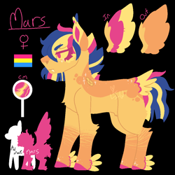 Size: 1000x1000 | Tagged: safe, artist:lepiswerid, oc, oc:mars (lepiswerid), parent:flash sentry, parent:twilight sparkle, parents:flashlight, species:bat pony, species:pegasus, species:pony, marsverse, black background, colored hooves, colored wings, cutie mark, fangs, feathered fetlocks, female, height difference, lineless, offspring, pansexual, pansexual pride flag, pride, pride flag, reference, reference sheet, simple background, solo, sparkles, story included, tail feathers, uninterested, winged hooves, wings