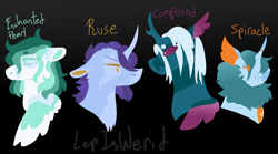 Size: 1800x1000 | Tagged: safe, artist:lepiswerid, oc, oc only, oc:compound, oc:enchanted pearl, oc:ruse, oc:spiracle, parent:hoo'far, parent:maud pie, parent:pharynx, parent:trixie, parents:mauxie, parents:phartrix, parents:trixfar, species:changeling, species:changepony, species:pegasus, species:pony, species:reformed changeling, species:unicorn, marsverse, angry, black background, fluffy, half-siblings, hybrid, interspecies offspring, multiple species, offspring, simple background, sparkles, tired, twins
