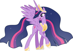 Size: 4347x3026 | Tagged: safe, artist:helenosprime, character:twilight sparkle, character:twilight sparkle (alicorn), species:alicorn, species:pony, episode:the last problem, g4, my little pony: friendship is magic, crown, female, hoof shoes, jewelry, looking back, mare, older, older twilight, open mouth, peytral, princess twilight 2.0, raised hoof, regalia, simple background, solo, spread wings, transparent background, vector, wings