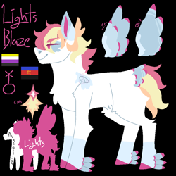 Size: 1000x1000 | Tagged: safe, artist:lepiswerid, oc, oc:lights blaze, parent:rainbow dash, parent:soarin', parents:soarindash, species:pegasus, species:pony, marsverse, black background, colored hooves, cutie mark, feathered fetlocks, genderless, height difference, nonbinary, nonbinary pride flag, offspring, polyamory, polyamory pride flag, pride flag, redesign, reference sheet, simple background, solo, story included, tail feathers, winged hooves
