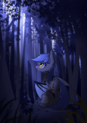 Size: 1748x2480 | Tagged: safe, artist:l8lhh8086, oc, oc only, oc:bar, species:bat pony, species:pony, female, forest, mare, solo, tree