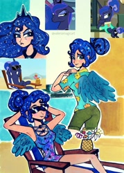Size: 1690x2366 | Tagged: safe, artist:valeriamagicart, character:princess luna, species:alicorn, species:human, species:pony, episode:between dark and dawn, g4, my little pony: friendship is magic, alternate hairstyle, armpits, clothing, female, humanized, scene interpretation, screencap reference, solo, swimsuit, traditional art, winged humanization, wings