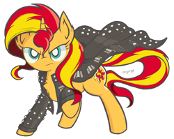 Size: 3468x2760 | Tagged: safe, artist:theratedrshimmer, character:sunset shimmer, species:pony, species:unicorn, my little pony:equestria girls, clothing, edge (wrestler), female, high res, jacket, leather jacket, looking at you, raised hoof, simple background, solo, transparent background, wwe