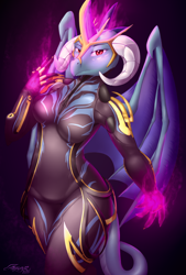 Size: 2370x3500 | Tagged: safe, artist:azzunyr, character:princess ember, species:anthro, species:dragon, breasts, crossover, dragoness, ember (warframe), female, fire, glowing hands, high res, looking at you, namesake, serious, serious face, solo, warframe, wings