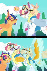 Size: 1000x1500 | Tagged: safe, artist:lepiswerid, oc, oc only, oc:lights blaze, oc:mars (lepiswerid), oc:paled shock, parent:flash sentry, parent:lightning dust, parent:rainbow dash, parent:soarin', parent:thunderlane, parent:twilight sparkle, parents:flashlight, parents:soarindash, parents:thunderdust, species:bat pony, species:pegasus, species:pony, comic:marsverse, marsverse, annoyed, blushing, blushing ears, blushing profusely, clothing, colored hooves, colored wings, comic, cutie mark, dialogue, feathered fetlocks, female, hybrid, implied shipping, implied straight, landing, lined, male, offspring, offspring shipping, pegasus oc, simple, smiling, smirk, text, tired, trying too hard, uniform, wing pony, winged hooves, wings, wonderbolt trainee uniform