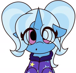 Size: 2118x2052 | Tagged: safe, artist:mrneo, gameloft, character:trixie, species:pony, species:unicorn, babysitter trixie, clothing, cute, diatrixes, eye clipping through hair, female, floppy ears, gameloft interpretation, looking at you, pigtails, solo, twintails