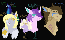 Size: 1600x1000 | Tagged: safe, artist:lepiswerid, character:amethyst star, character:derpy hooves, character:dinky hooves, character:doctor whooves, character:sparkler, character:time turner, species:bat pony, species:bird, species:dragon, species:earth pony, species:pegasus, species:pony, species:unicorn, species:zebra, adopted offspring, black background, blind, deaf, female, headcanon, hybrid, infertility, male, peacock, pet, pet bird, pet oc, redesign, scar, simple background, text