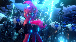 Size: 3840x2160 | Tagged: safe, artist:sceathlet, character:tempest shadow, species:pony, species:unicorn, my little pony: the movie (2017), 3d, armor, broken horn, electricity magic, female, glowing horn, high res, horn, lidded eyes, lightning, mare, rain, shield, spear, storm guard, weapon, wet