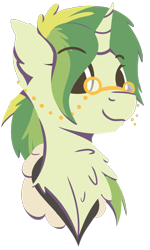 Size: 788x1314 | Tagged: safe, artist:rhythmpixel, oc, oc only, oc:rhythm fruit, species:pony, species:unicorn, bust, chest fluff, female, lineless, mare, portrait, simple background, solo, spectacles, transparent background
