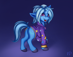 Size: 1378x1081 | Tagged: safe, artist:batsdisaster, gameloft, character:trixie, species:bat pony, species:pony, species:unicorn, alternate hairstyle, babysitter trixie, bat ponified, bat pony unicorn, butt, clothing, fangs, female, gameloft interpretation, hoodie, horn, hybrid, looking at you, mare, plot, ponytail, ponytails, race swap, slit eyes, smiling, solo