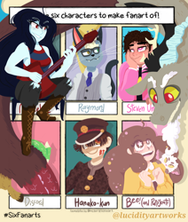 Size: 828x978 | Tagged: safe, artist:darkestsunset, character:discord, species:anthro, species:draconequus, species:human, adventure time, animal crossing, bee and puppycat, clothing, crossover, female, glasses, guitar, hanako, hat, heterochromia, looking at each other, looking up, male, marceline, musical instrument, necktie, out of frame, raymond, shoes, sitting, six fanarts, smiling, starry eyes, steven universe, suit, toilet-bound hanako-kun, wingding eyes