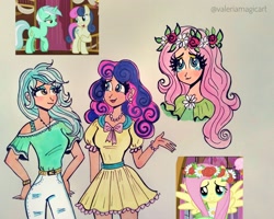 Size: 3897x3120 | Tagged: safe, artist:valeriamagicart, character:bon bon, character:fluttershy, character:lyra heartstrings, character:sweetie drops, species:earth pony, species:human, species:pegasus, species:pony, species:unicorn, episode:slice of life, g4, my little pony: friendship is magic, clothing, female, floral head wreath, flower, humanized, scene interpretation, screencap reference, smiling, traditional art