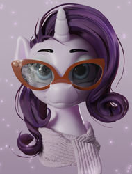Size: 2000x2628 | Tagged: safe, artist:sceathlet, character:rarity, species:pony, 3d, bust, clothing, female, glasses rarity, high res, looking at you, mare, portrait, purple background, rarity's glasses, scarf, simple background, solo