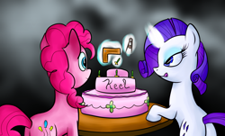 Size: 1280x774 | Tagged: safe, artist:n1de, character:pinkie pie, character:rarity, cake