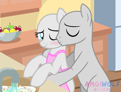 Size: 2079x1578 | Tagged: safe, artist:amgiwolf, oc, oc only, species:earth pony, species:pony, apple, apron, bald, base, bipedal, blushing, bowl, clothing, commission, earth pony oc, eyes closed, food, housewife, kiss on the cheek, kissing, kitchen, oc x oc, one eye closed, shipping, sink, smiling, watermark, wink, your character here
