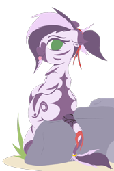 Size: 1000x1500 | Tagged: safe, artist:rhythmpixel, oc, oc only, oc:ma'labae, species:pony, species:zebra, female, lineless, looking at you, looking back, looking back at you, looking over shoulder, mare, ponytail, rear view, ribbon, ring, rock, sitting, solo, tail wrap, tongue out, zebra oc
