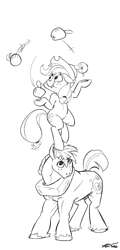 Size: 799x1662 | Tagged: safe, artist:boreddrawfag, character:applejack, character:big mcintosh, species:earth pony, species:pony, balance, balancing, clothing, female, hat, headstand, juggling, lineart, male, mare, pile, stallion