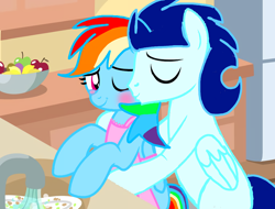 Size: 1896x1440 | Tagged: safe, artist:mlplary6, base used, character:rainbow dash, character:soarin', species:pegasus, species:pony, ship:soarindash, apple, apron, bipedal, blushing, bowl, clothing, eyes closed, female, food, housewife, hug, hug from behind, kiss on the cheek, kissing, kitchen, male, mare, one eye closed, shipping, sink, smiling, stallion, straight, tomboy taming, wink