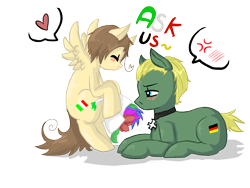 Size: 800x600 | Tagged: safe, artist:ask-pony-gerita, species:earth pony, species:pony, ask, bouquet, cross, cross-popping veins, duo, female, flower, flying, heart, hetalia, jewelry, male, mare, necklace, pictogram, ponified, prone, simple background, smiling, stallion, transparent background