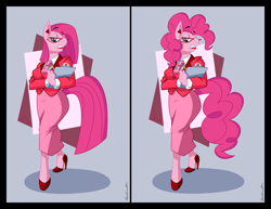 Size: 6300x4873 | Tagged: safe, artist:spiderweber, character:pinkamena diane pie, character:pinkie pie, species:anthro, species:earth pony, species:pony, clipboard, clothing, female, glasses, high heels, lipstick, miss pinkamena, office, office clothes, palindrome get, pencil, professional, shoes, skirt, skirt suit, solo, straight hair, straight mane, suit