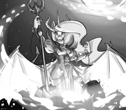 Size: 5104x4449 | Tagged: safe, artist:spiderweber, character:princess celestia, species:alicorn, species:anthro, species:pony, bat wings, beelzebub, black and white, clothing, dress, evil celestia, fantasia, female, grayscale, horns, monochrome, night on bald mountain, solo, souls, three horns, trident, wings