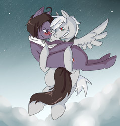 Size: 834x876 | Tagged: safe, artist:ask-pony-gerita, oc, species:earth pony, species:pegasus, species:pony, blushing, bridal carry, carrying, clothing, cloud, female, flying, glasses, grin, hetalia, holding a pony, looking at each other, male, night, ponified, scarf, smiling, stars, straight, unamused