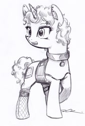 Size: 497x736 | Tagged: safe, artist:trips-ocho, oc, oc only, species:pony, species:unicorn, bandaid, clothing, collar, corset, ear piercing, fishnets, horn, lineart, looking back, monochrome, piercing, raised hoof, simple background, solo, traditional art, unicorn oc, white background