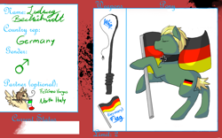 Size: 900x563 | Tagged: safe, artist:ask-pony-gerita, base used, species:earth pony, species:pegasus, species:pony, eyes closed, female, flag, germany, hetalia, jewelry, male, mare, necklace, ponified, rearing, reference sheet, stallion, whip