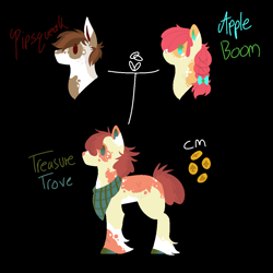 Size: 1100x1100 | Tagged: safe, artist:lepiswerid, character:apple bloom, character:pipsqueak, oc, oc:treasure trove, parent:apple bloom, parent:pipsqueak, parents:pipbloom, species:earth pony, species:pony, marsverse, bandana, bow, braid, colored hooves, cutie mark, faded, married, married couple, offspring, redesign