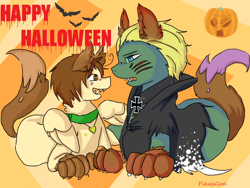 Size: 800x600 | Tagged: safe, artist:ask-pony-gerita, species:earth pony, species:pegasus, species:pony, animal costume, animal ears, ask, clothing, collar, costume, duo, female, germany, happy halloween, hetalia, italy, jewelry, male, mare, necklace, ponified, pumpkin, smiling, stallion