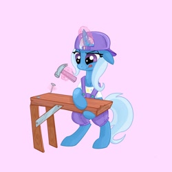 Size: 1280x1280 | Tagged: safe, artist:pfeffaroo, character:trixie, species:pony, species:unicorn, bipedal, clothing, construction, floppy ears, glowing horn, hammer, horn, magic, magic aura, nail, wood