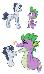 Size: 1074x1800 | Tagged: safe, artist:malphym, character:rumble, character:spike, species:dragon, species:pegasus, species:pony, eyes closed, gay, male, older, older rumble, older spike, open mouth, rumblespike, shipping, simple background, white background, winged spike