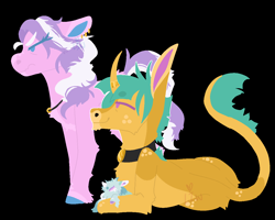 Size: 1250x1000 | Tagged: safe, artist:lepiswerid, character:diamond tiara, character:snails, oc, oc:snow emerald, parent:diamond tiara, parent:snails, parents:diamondsnail, species:earth pony, species:pony, species:unicorn, marsverse, ship:diamondsnail, angry, annoyed, baby, baby pony, black background, collar, father and child, father and daughter, female, freckles, jewelry, looking up, lying down, male, married, married couple, messy mane, mother and child, mother and daughter, necklace, redesign, scowl, shipping, simple background, straight