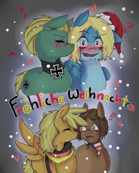 Size: 800x1000 | Tagged: safe, artist:ask-pony-gerita, species:earth pony, species:pegasus, species:pony, ask, beard, blushing, christmas, clothing, exclamation point, eyes closed, facial hair, gay, germany, hat, heart, hetalia, holiday, interrobang, jewelry, kissing, male, merry christmas, necklace, open mouth, ponified, question mark, santa hat, stallion, surprised