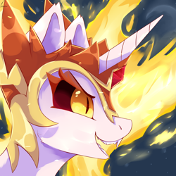Size: 1500x1500 | Tagged: safe, artist:glazirka, character:daybreaker, character:princess celestia, species:alicorn, species:pony, colored pupils, fangs, female, horn, jewelry, mane of fire, open mouth, regalia, smiling, solo, teeth