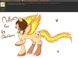 Size: 903x676 | Tagged: safe, artist:ask-pony-gerita, species:pegasus, species:pony, ask, crossover, female, hetalia, italy, mane of fire, mare, moltres, pokémon, ponified, raised hoof