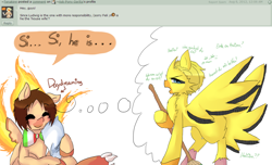 Size: 1158x702 | Tagged: safe, artist:ask-pony-gerita, species:pony, ask, broom, crossover, daydream, eyes closed, hetalia, housewife, italy, male, moltres, pokémon, ponified, smiling, zapdos