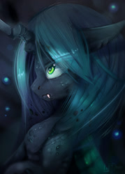 Size: 1000x1400 | Tagged: safe, artist:lostdreamm, character:queen chrysalis, species:changeling, bust, changeling queen, fangs, female, floppy ears, green eyes, looking up, profile, signature, solo