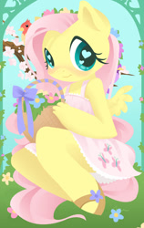 Size: 710x1124 | Tagged: safe, artist:parfywarfy, character:fluttershy, species:anthro, species:bird, basket, female, heart eyes, solo, wingding eyes