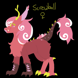 Size: 1400x1400 | Tagged: safe, artist:lepiswerid, character:screwball, parent:big macintosh, parent:discord, parents:discomac, species:draconequus, species:pony, marsverse, antlers, black background, child, claws, ear fluff, female, filly, hybrid, interspecies offspring, magical gay spawn, offspring, redesign, scales, simple background, solo, tail