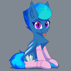 Size: 1500x1500 | Tagged: safe, artist:glazirka, oc, oc only, oc:lightning star, species:bat pony, species:pony, bat pony oc, bat wings, butt fluff, cheek fluff, chest fluff, clothing, cute, cute little fangs, ear fluff, fangs, female, gray background, looking at you, mare, purple eyes, simple background, sitting, socks, solo, tongue out