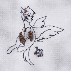 Size: 800x800 | Tagged: safe, artist:ipoloarts, oc, species:pegasus, species:pony, christmas, commission, cross stitch, crossstitching, embroidery, finished commission, gold, handmade, happy new year, happy new year 2020, holiday, monochrome, needlework, solo, traditional art, ych example, ych result, your character here