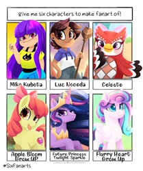 Size: 1080x1290 | Tagged: safe, artist:rivin177, character:apple bloom, character:princess flurry heart, character:twilight sparkle, character:twilight sparkle (alicorn), species:alicorn, species:anthro, species:bird, species:earth pony, species:human, species:owl, species:pony, episode:the last problem, g4, my little pony: friendship is magic, animal crossing, anthro with ponies, blep, bow, celeste, clothing, crossover, crown, cutie mark, female, glitch techs, hair bow, jewelry, luz noceda, mare, miko kubota, older, older flurry heart, peytral, princess twilight 2.0, regalia, six fanarts, smiling, the cmc's cutie marks, the owl house, tongue out