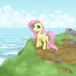 Size: 1000x1000 | Tagged: safe, artist:ariah101, character:fluttershy, species:pegasus, species:pony, cliff, cloud, female, folded wings, grass, looking at you, looking back, looking back at you, mare, ocean, outdoors, rock, sky, smiling, solo, standing, wings