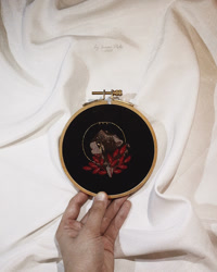 Size: 1000x1250 | Tagged: safe, artist:ipoloarts, oc, commission, cross stitch, crossstitching, crying, embroidery, finished commission, flower, gold, grayscale, handmade, monochrome, needlework, photography, solo, ych example, ych result, your character here