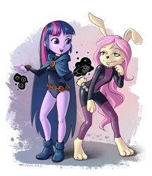 Size: 934x1080 | Tagged: safe, artist:vyazinrei, character:fluttershy, character:twilight sparkle, species:anthro, species:rabbit, my little pony:equestria girls, animal, beast boy, bunnified, bunny ears, bunnyshy, clothing, cosplay, costume, crossdressing, crossover, crossplay, leotard, magic, raven (teen titans), species swap, voice actor joke