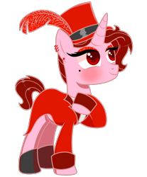 Size: 826x1000 | Tagged: safe, artist:kb-gamerartist, oc, oc only, oc:glitzen glam, species:pony, species:unicorn, beauty mark, blushing, boots, clothing, coat, ear piercing, earring, eyeshadow, feather, hat, jewelry, makeup, male, piercing, raised hoof, shoes, simple background, solo, stallion, top hat, trans male, transgender, transparent background