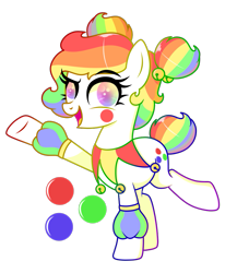 Size: 909x1047 | Tagged: safe, artist:kb-gamerartist, oc, oc only, oc:giggle grin, species:earth pony, species:pony, clown, female, makeup, mare, markings, multicolored hair, open mouth, rainbow hair, raised hoof, raised leg, simple background, solo, transparent background