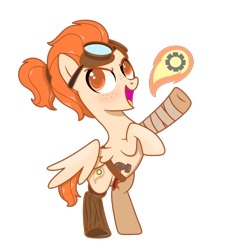Size: 1000x1100 | Tagged: safe, artist:kb-gamerartist, oc, oc only, oc:aoife (ice1517), species:pegasus, species:pony, amputee, bandage, belt, bipedal, blushing, freckles, goggles, hammer, open mouth, ponytail, prosthetic leg, prosthetic limb, prosthetics, raised hoof, rearing, simple background, solo, transparent background